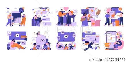 Vector illustration depicting diverse modern life activities such as logistics, drone delivery, payment processing, online shopping, live streaming, and children playing with toys. 137254621