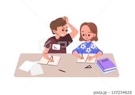 Student cheating. Boy peeking test answer exam, school children writing paper copy essay cheat table classroom examination learning class cartoon schoolchildren vector illustration 137254628