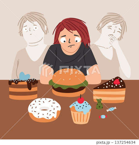Sick young woman suffering from bulimia makes a choce about food. Weight loss vector illustration 137254634