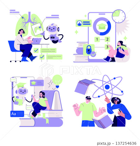 Vector illustration depicting interactive learning with AI in various educational settings. Includes scenes of people engaging with robots and VR technology, highlighting innovation in education. Vector illustration depicting interactive learning with AI in various educational settings. Includes scenes of people engaging with robots and VR technology, highlighting innovation in education. 137254636