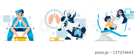 Vector illustration showing three scenes: a boy in a dental checkup, a robot analyzing lung X-rays, and a thoughtful child sitting on a stool. Each scene illustrates a different aspect of healthcare. Vector illustration showing three scenes: a boy in a dental checkup, a robot analyzing lung X-rays, and a thoughtful child sitting on a stool. Each scene illustrates a different aspect of healthcare. 137254643