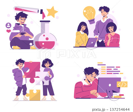 Vector illustration depicting collaborative teamwork, creativity, and innovation. Includes characters brainstorming ideas, solving puzzles, and engaging in coding, showcasing dynamic group effort and 137254644