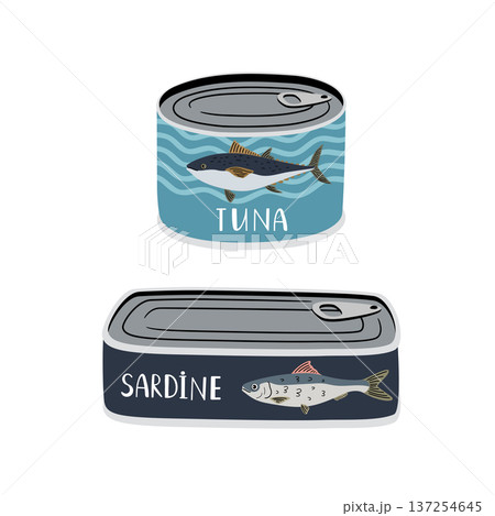 Sardine, tuna cans. Seafood canned for tourists. Cartoon vector illustration preserved fish Sardine, tuna cans. Seafood canned for tourists. Cartoon vector illustration preserved fish 137254645
