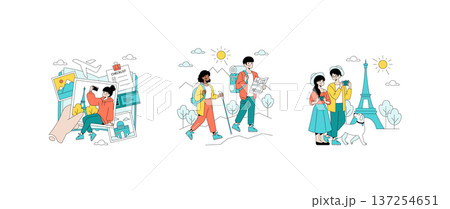 Vector illustration showcasing diverse travel adventures. From creating trip plans with photos and checklists to exploring nature with hiking gear, ending in joyful moments at famous landmarks. 137254651