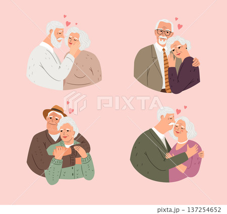Portraits of couples with gray hair seniors men and woman. Concept vector illustration of the age beauty and love. Set of in love grandfathers and grandmothers 137254652