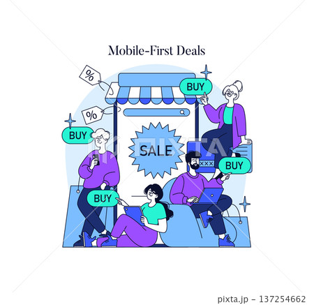 Vector illustration of four people engaging with mobile devices, exploring online shopping deals and sales. Concept emphasizes mobile-first shopping and digital commerce trends. 137254662