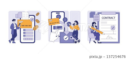 Vector illustration depicting financial transactions and contract signing. Includes a person using a smartphone for mobile payment, another person making a transaction, and signing a contract. 137254676