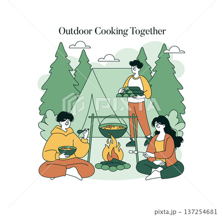 Vector illustration of three friends enjoying outdoor cooking by a campfire. They are preparing and sharing a meal together in a forest setting, expressing joy and relaxation. Vector illustration of three friends enjoying outdoor cooking by a campfire. They are preparing and sharing a meal together in a forest setting, expressing joy and relaxation. 137254681