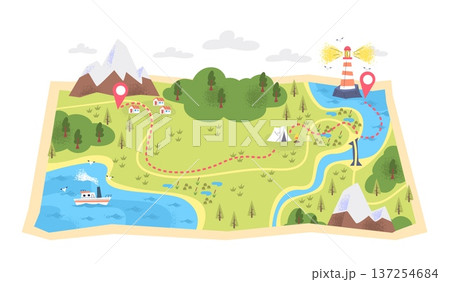 Hiking trail map. Mountain trekking path forest nature expedition travel route lighthouse camp tent adventure journey track way tour guide tourist orienteering vector illustration Hiking trail map. Mountain trekking path forest nature expedition travel route lighthouse camp tent adventure journey track way tour guide tourist orienteering vector illustration 137254684