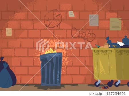 Ghetto alley. Slum alleyway, favela back street neighborhood dirty brick wall graffiti trash bin garbage container poor building urban city cartoon background vector illustration Ghetto alley. Slum alleyway, favela back street neighborhood dirty brick wall graffiti trash bin garbage container poor building urban city cartoon background vector illustration 137254691