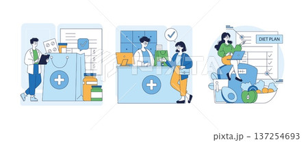 Vector illustration set showing a pharmacy visit, medication purchase, and diet consultation. Depicts a doctor, pharmacist, and nutritionist providing healthcare advice and services. Vector illustration set showing a pharmacy visit, medication purchase, and diet consultation. Depicts a doctor, pharmacist, and nutritionist providing healthcare advice and services. 137254693