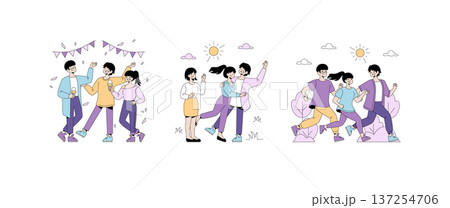 Vector illustration depicting joyful group activities. Characters celebrate at a party, enjoy outdoor dancing, and run in a park, expressing excitement and happiness in each scene. 137254706
