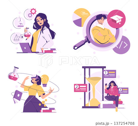 Vector illustration featuring people engaging in scientific research, online study, virtual reality exploration, and time management, highlighting diverse educational activities. Vector illustration featuring people engaging in scientific research, online study, virtual reality exploration, and time management, highlighting diverse educational activities. 137254708