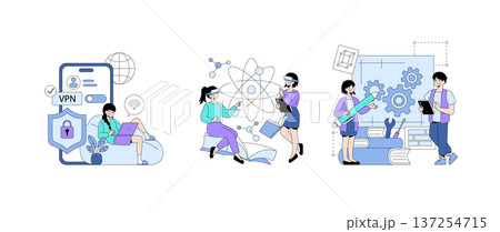 Vector illustration featuring individuals engaging in technology and science activities. Scenes include using VPN on a laptop, exploring chemistry with VR, and collaborating in engineering. 137254715