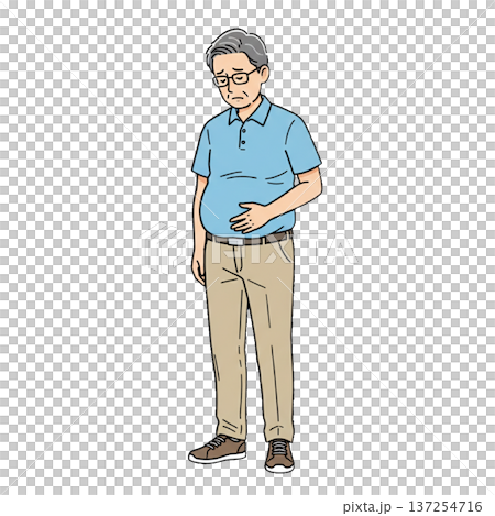 腹痛や胃痛に悩むシニア男性 お腹を押さえる高齢者 全身 腹痛や胃痛に悩むシニア男性 お腹を押さえる高齢者 全身 137254716