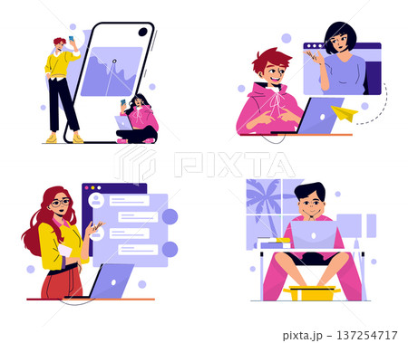 Vector illustration set depicting people engaging in remote work and communication. Scenes include mobile interaction, virtual meeting, and online messaging, showing focus and engagement. 137254717