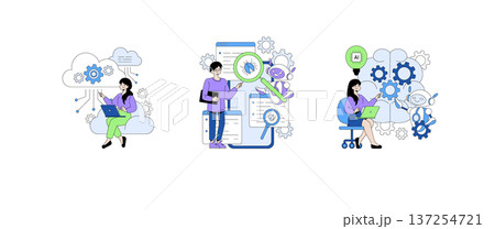 Vector illustration of people interacting with technology, including cloud computing, bug detection, and artificial intelligence. Shows expressions of focus and curiosity. 137254721