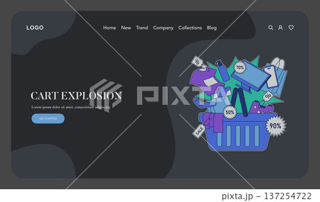 Vector illustration shows an overflowing shopping cart filled with sale items and discount tags. Perfect for representing online shopping promotions and retail sales marketing. 137254722