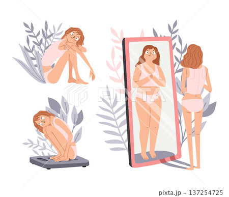 Body shaming vector illustration. Anorexia girl is unhappy with her reflection in the mirror and big weight. Poor eating habits and disorders 137254725