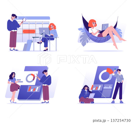 Vector illustration depicting collaborative teamwork with individuals analyzing data charts, alongside a person relaxing in a hammock using a laptop, highlighting work-life balance concepts. 137254730