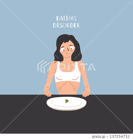 Anorexic young woman afraid to eat. Weight loss and eating disorder vector illustration with very thin girl Anorexic young woman afraid to eat. Weight loss and eating disorder vector illustration with very thin girl 137254732