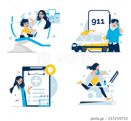 Vector illustration set featuring a dentist checking a child, a person calling emergency services, a medical professional with a health chart, and a woman running on a treadmill. Modern health themes Vector illustration set featuring a dentist checking a child, a person calling emergency services, a medical professional with a health chart, and a woman running on a treadmill. Modern health themes 137254733