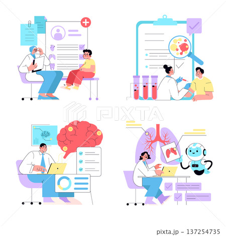 Vector illustrations depicting medical consultations and technology integration. Scenes include a doctor with patient, lab analysis, digital brain assessments, and AI interaction in healthcare. Vector illustrations depicting medical consultations and technology integration. Scenes include a doctor with patient, lab analysis, digital brain assessments, and AI interaction in healthcare. 137254735