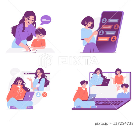 Set of vector illustrations depicting online learning and tutoring scenes. Includes teacher helping a student, people interacting with devices, and group video call. Perfect for educational content 137254738
