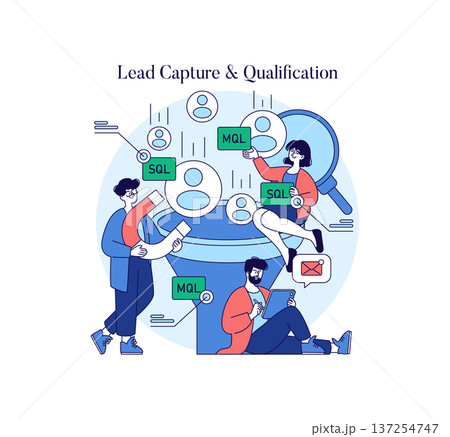 Vector illustration depicting the process of lead capture and qualification. Three people analyze and sort leads categorized as SQL and MQL, with a digital funnel and email icons. 137254747