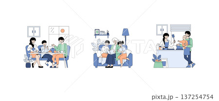 Vector illustration depicting family bonding through shared activities. Includes dining, enjoying a book together, and cooking as a family, emphasizing connection and happiness. Vector illustration depicting family bonding through shared activities. Includes dining, enjoying a book together, and cooking as a family, emphasizing connection and happiness. 137254754