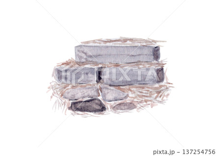 Watercolor stone steps with natural straw texture isolated on white. Hand painted Japanese garden element ideal for zen landscape compositions, spa branding and tranquil oriental design scenes 137254756