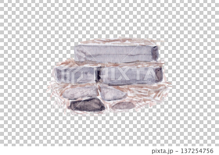 Watercolor stone steps with natural straw texture isolated on white. Hand painted Japanese garden element ideal for zen landscape compositions, spa branding and tranquil oriental design scenes 137254756
