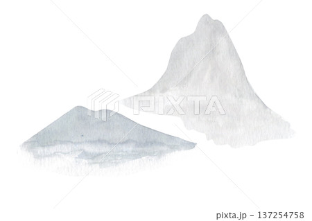 Soft watercolor mountain shapes in airy muted tones, minimalist landscape silhouettes isolated on white. Calm abstract scenery ideal for modern posters, branding, packaging and serene design layouts 137254758