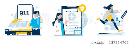 Vector illustration featuring a person making an emergency call, a doctor consulting near medical symbols, and an individual running on a treadmill with focused expressions, embodying healthcare and 137254762
