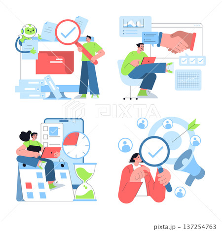 Vector illustration showcasing various business concepts. Characters engage with documents, technology, time management, and strategic planning. Ideal for presentations, marketing, and education. 137254763