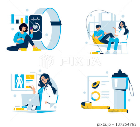 Vector illustration depicting various health and wellness activities. Scenes include using fitness trackers, consulting a health professional, fitness monitoring on a computer, and hydration tools. 137254765