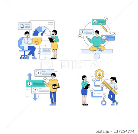Vector illustration depicting business workflow scenarios. Includes office tasks, planning, collaboration, and productivity with people interacting through various stages of task management. Vector illustration depicting business workflow scenarios. Includes office tasks, planning, collaboration, and productivity with people interacting through various stages of task management. 137254774