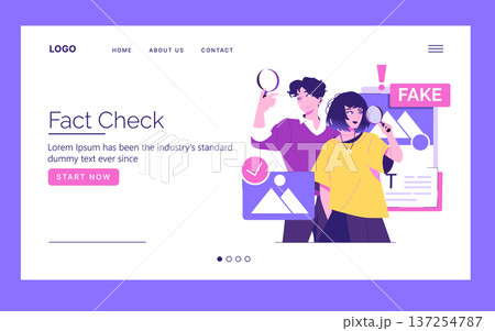 Vector illustration of a fact-checking website interface. Two people holding magnifiers evaluate information accuracy. Includes visual elements signifying verification and fake detection. 137254787