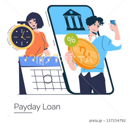 Vector illustration depicting payday loan concept with a man holding a coin and a woman holding a clock. The image symbolizes quick cash access, financial urgency, and online transactions. Vector illustration depicting payday loan concept with a man holding a coin and a woman holding a clock. The image symbolizes quick cash access, financial urgency, and online transactions. 137254792