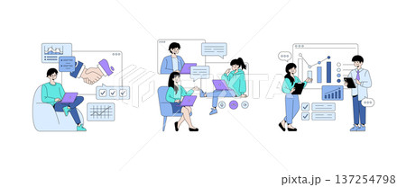 Vector illustration depicting team communication and collaboration through digital devices. Features individuals discussing ideas, analyzing data, and working on laptops in a business context. 137254798