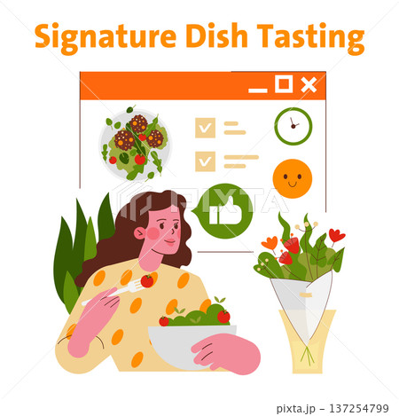 Vector illustration of a woman happily tasting a signature dish. She holds a bowl of salad, surrounded by positive emoticons and checklist icons, symbolizing satisfaction and approval. Vector illustration of a woman happily tasting a signature dish. She holds a bowl of salad, surrounded by positive emoticons and checklist icons, symbolizing satisfaction and approval. 137254799