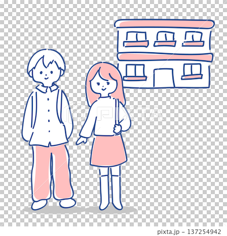 大学生カップルとアパート|同棲をするカップルのゆるかわいいイラスト 大学生カップルとアパート|同棲をするカップルのゆるかわいいイラスト 137254942