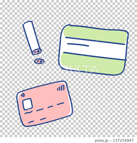 クレジットカード・預金通帳・印鑑のゆるかわいいイラストセット 137254947