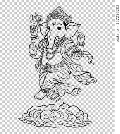 Beautiful line art illustration of dancing Lord Ganesha, Hindu god of success and wisdom with axe and sweet bowl, traditional divine elephant deity character on white background for coloring page Beautiful line art illustration of dancing Lord Ganesha, Hindu god of success and wisdom with axe and sweet bowl, traditional divine elephant deity character on white background for coloring page 137255202