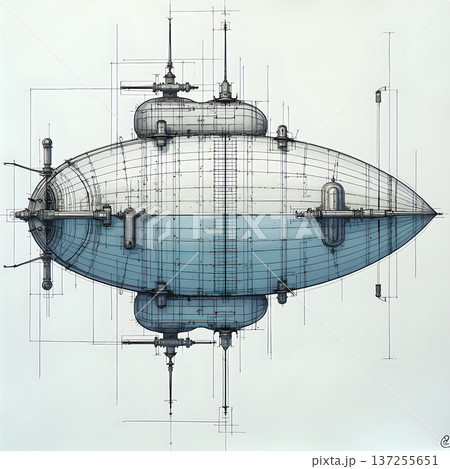 The detailed design of a fictional submarine. The design includes many lines, shapes, and various parts. It is drawn in blue and gray on a white background. 137255651