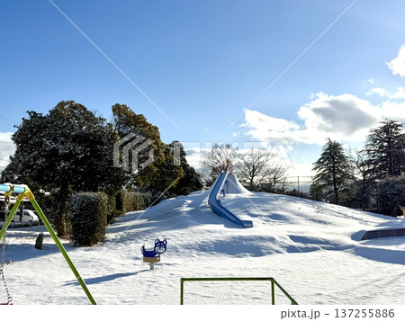 雪の積もった朝の公園　丘の上の滑り台 137255886