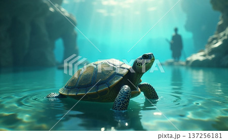The image shows a sea turtle, probably a green sea turtle (Chelonia mydas), swimming in clear water 137256181