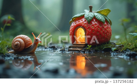 The image shows a snail crawling through water past a fairy house made of strawberries 137256182