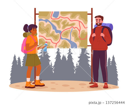Cartoon hiking people. Couple trekking, outdoor adventure, characters hiking and navigate terrain flat vector illustration. Active tourists scene Cartoon hiking people. Couple trekking, outdoor adventure, characters hiking and navigate terrain flat vector illustration. Active tourists scene 137256444