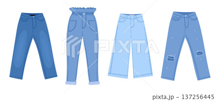 Cartoon jeans. Denim pants, casual denim fabric garments flat vector illustration set. Jeans fabric pants on white background Cartoon jeans. Denim pants, casual denim fabric garments flat vector illustration set. Jeans fabric pants on white background 137256445